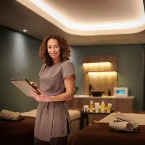 woman in Medi Spa with green walls and brown dress