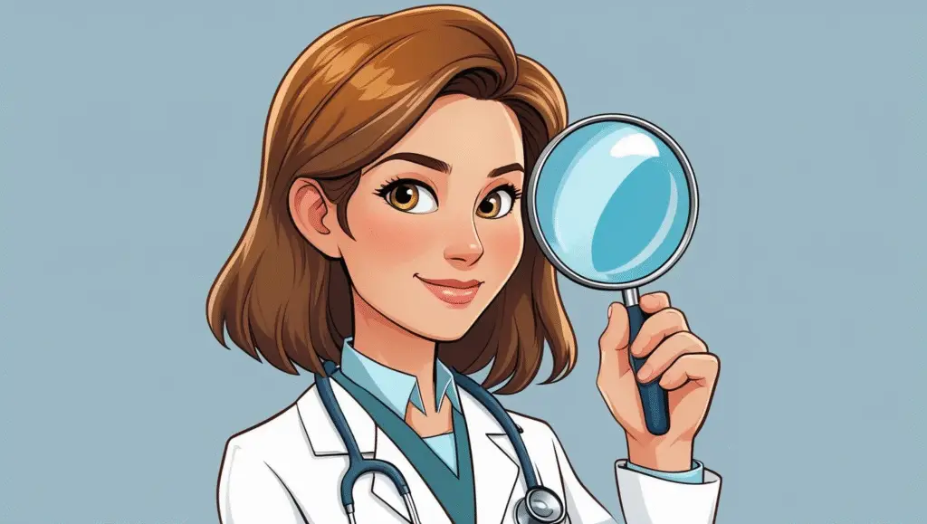 Cartoon image of female doctor looking through a magnifying glass with stethoscope around her neck