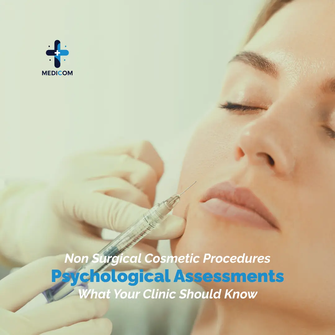 Graphic of woman close to cosmetic injection and wording regards psychological assessments