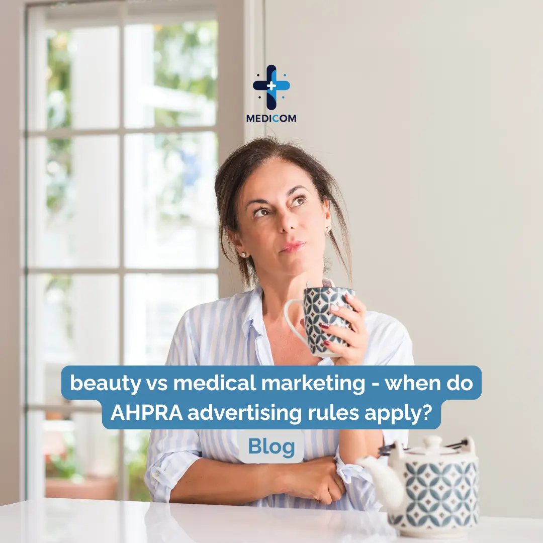 Woman thinking hard about a question with text overlay asking about when does medicla and beauty advertising collide